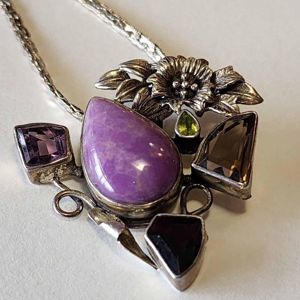 Vintage Sterling 925 Pendant Semi-precious Stones Floral Silver Work With 24... - Picture 10 of 16